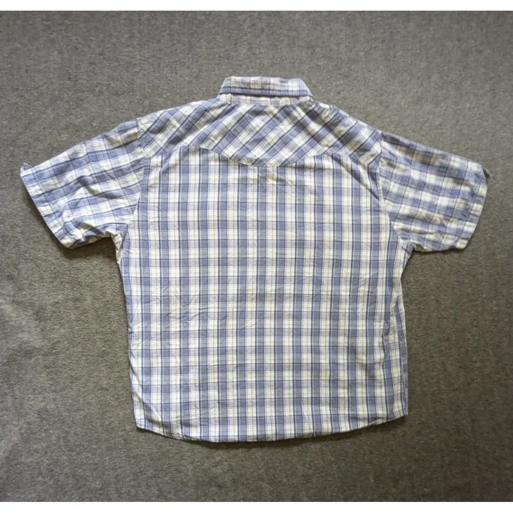 Levi's The Two Horse Brand Shirt Men's XL White Blue Plaid Tab Sleeve Pearl Snap